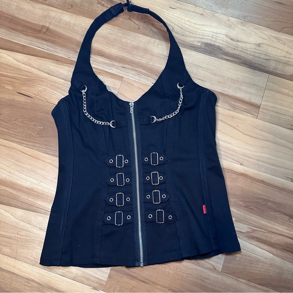 Tripp NYC Black Halter Corset Top with Chains and Buckles